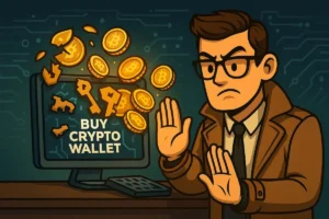Illustration of a man in a trench coat raising his hands in warning, standing next to a computer screen showing "Buy Crypto Wallet" with flying Bitcoin coins and key icons, representing a cautionary message about crypto wallet for sale scams.