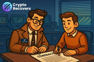 Crypto wallet recovery success story with a client signing a contract at Crypto Recovers office.